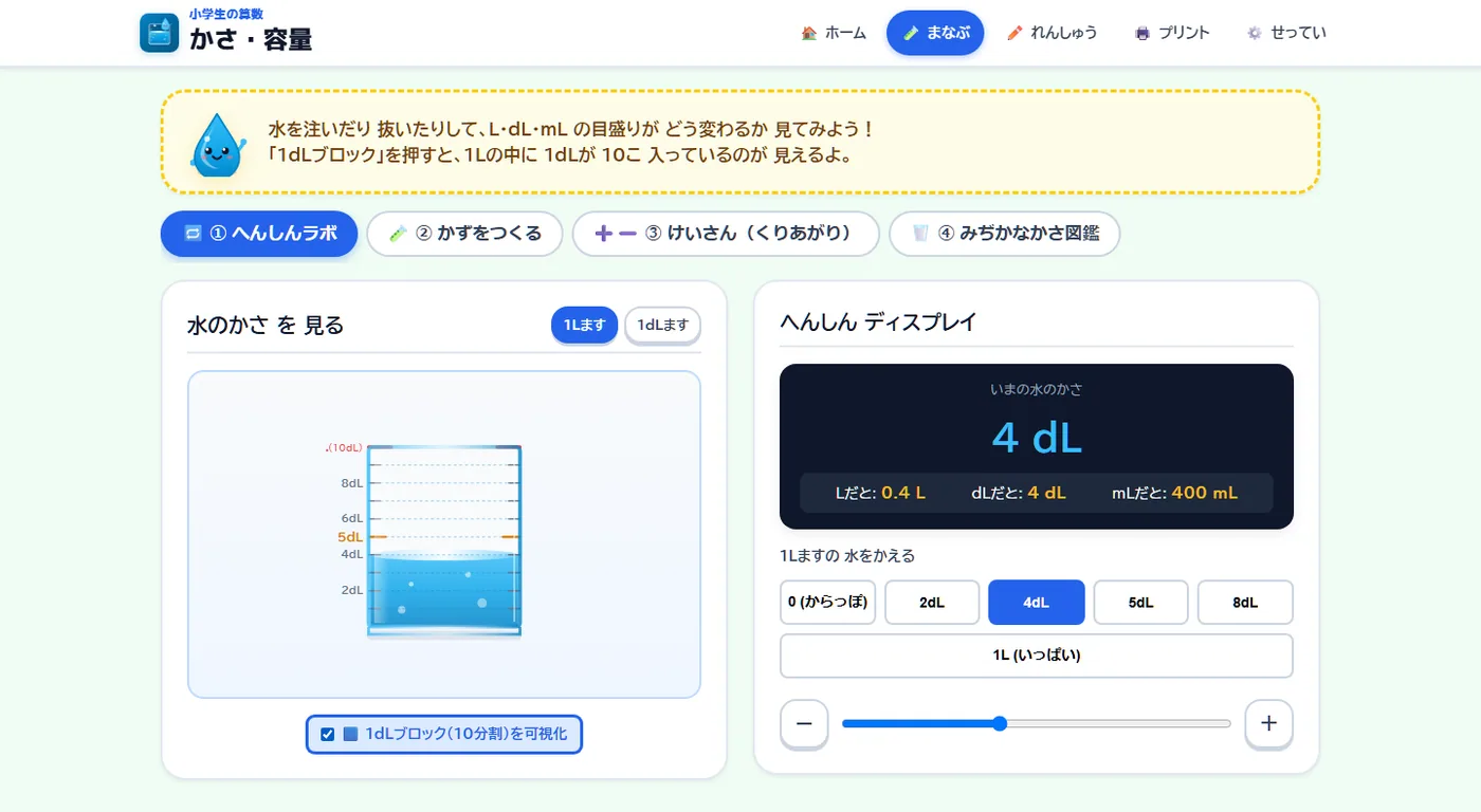 まなぶ画面のへんしんラボ。1Lますの水量と、L・dL・mLの同時表示、1dLブロックの可視化